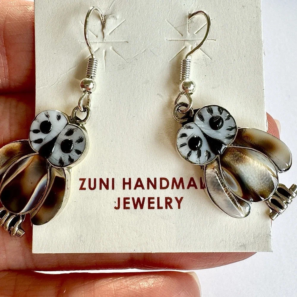 Native American Owl Earrings Zuni Inlay Hook Sterling Dangle Signed Kallestewa
